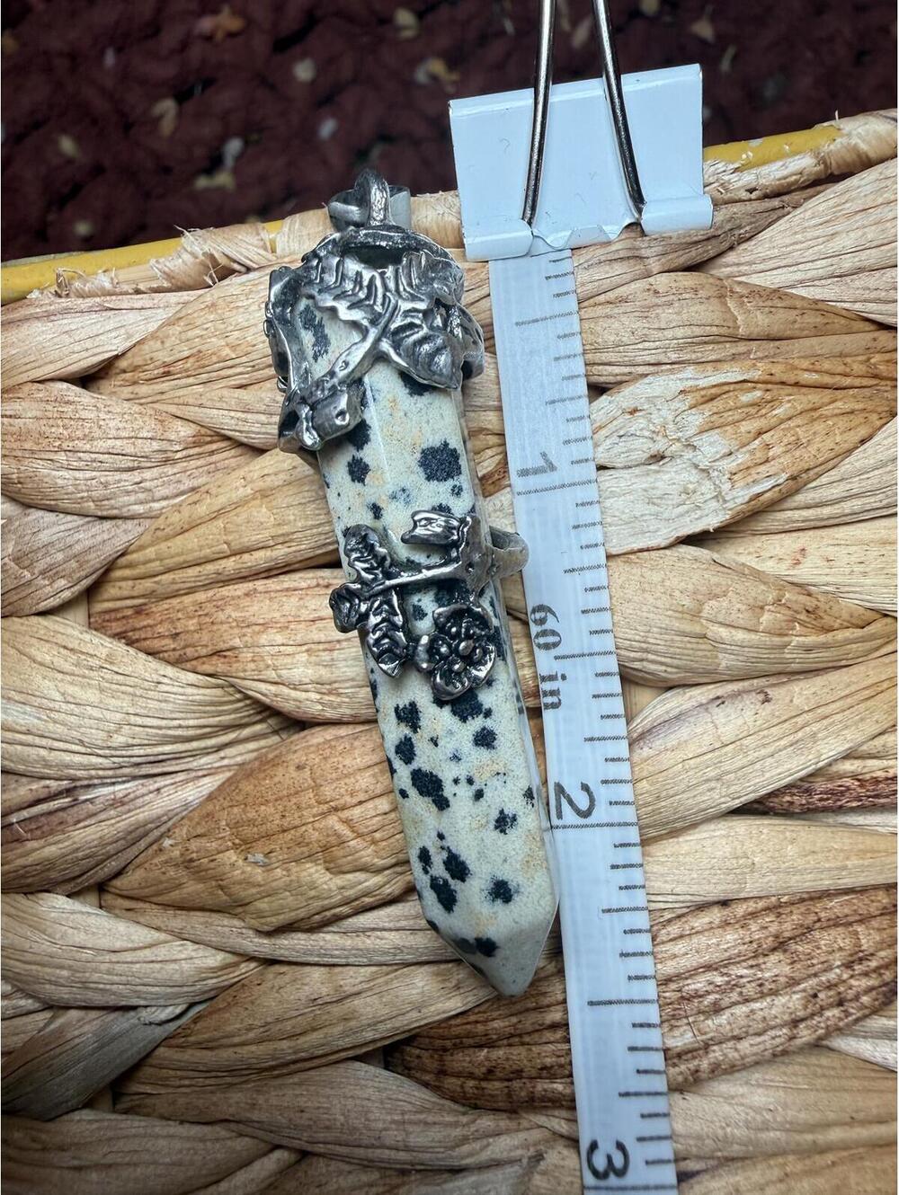 Dalmatian Jasper Crystal Pendant with Silver Floral Setting